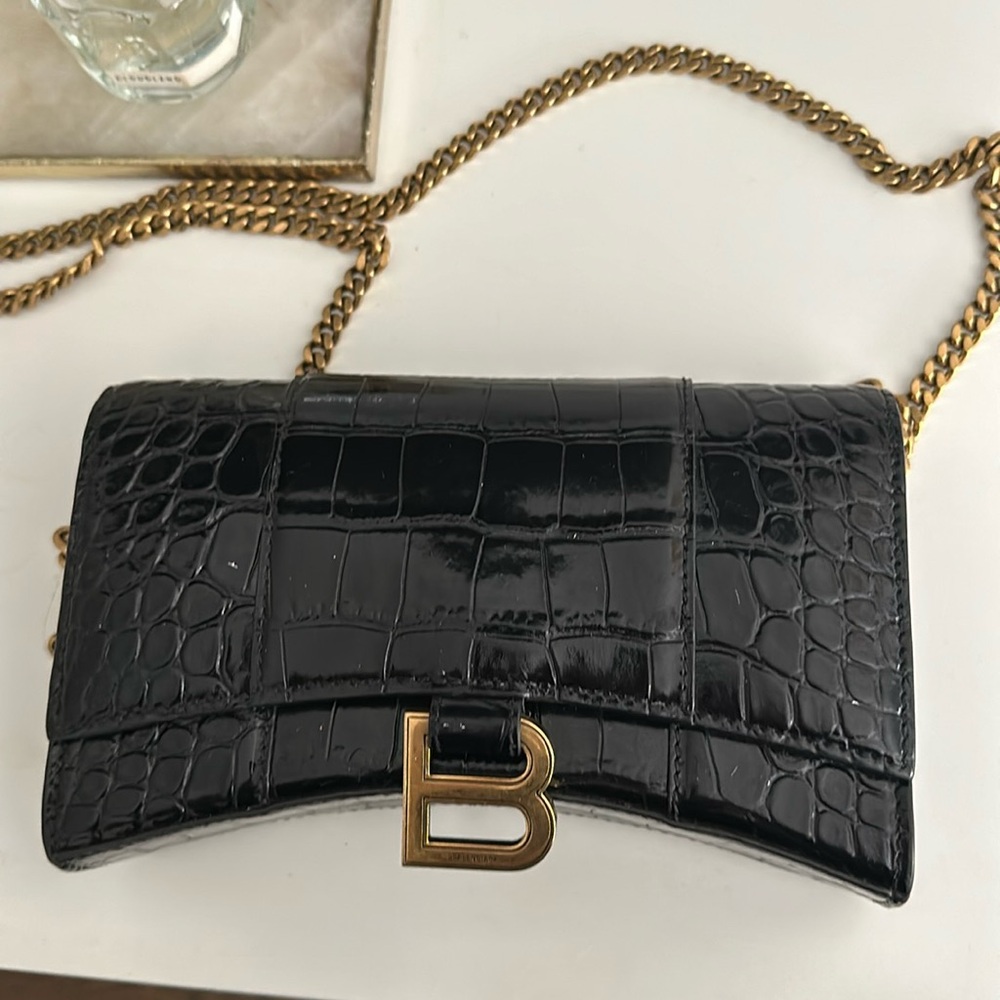 - Black Balenciaga crocodile bag with gold hardware.  very good condition
